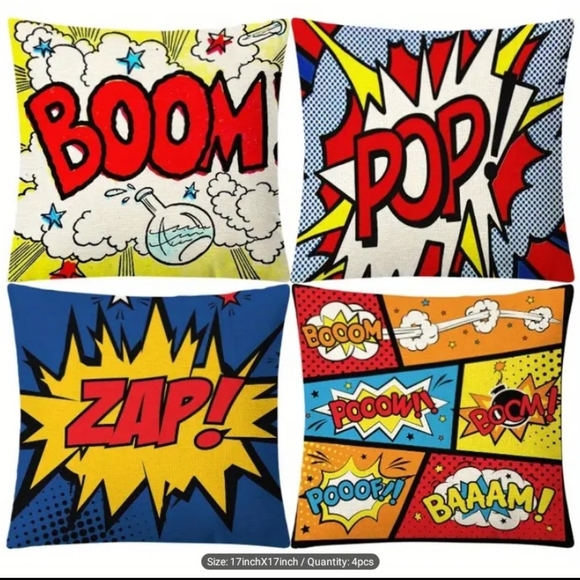 New Home Deco Linen Blend Set of 4 Cartoon Art Fun Retro Pillowcases - Picture 7 of 7